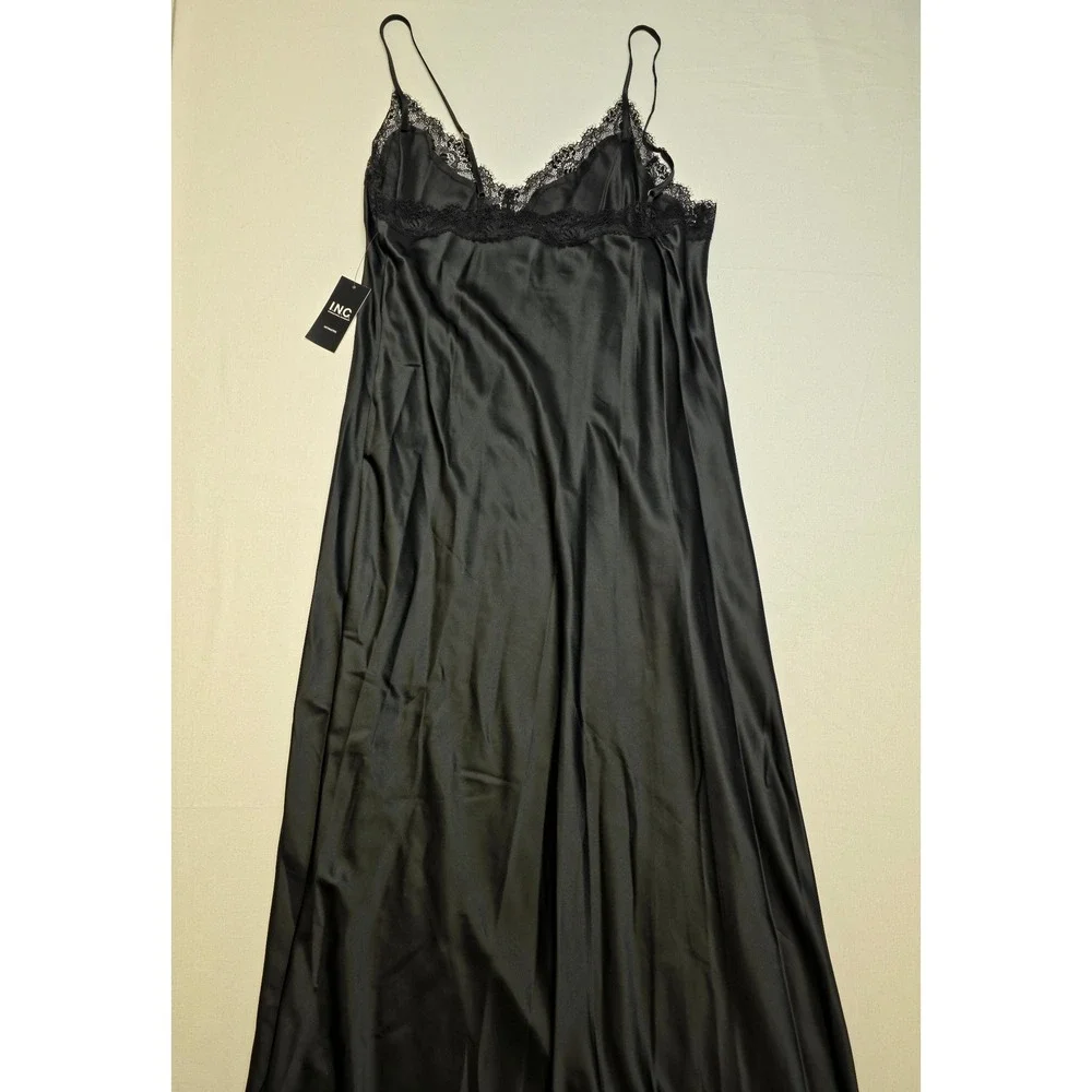 INC International Concept Women Nightgown Medium Black Satin Lace Slip Dress NWT
